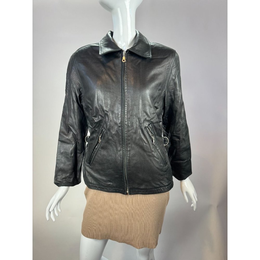 Laura Leigh Vintage Leather Biker Jacket Size Large Black Zip Front and Pockets